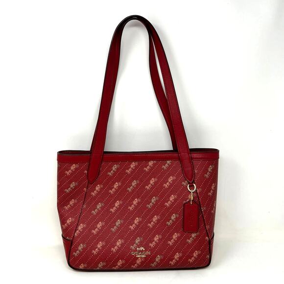 Coach Tote 27 Horse Carriage Dot Canvas Red Shoulder Tote Print J2122-C4060 - Picture 1 of 7